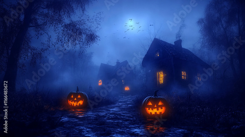 spooky halloween village at night with jack-o-lanterns and haunted houses in a dark forest, showcasing eerie digital art and fantasy landscape for halloween illustration photo