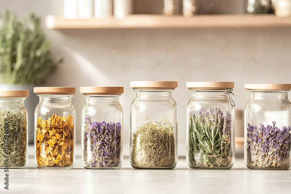 Glass Jars of Dried Chamomile, Lavender, and Rosemary on Beige Countertop
Glass Jars of Dried Chamomile, Lavender, and Rosemary on Beige Countertop