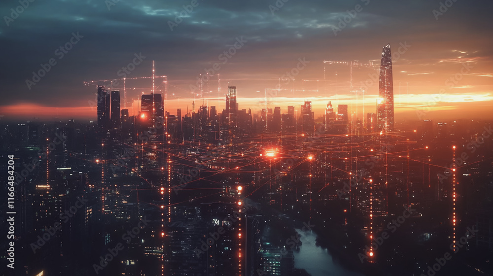 Fototapeta premium Smart Innovation city with connection cyber security network reciprocity over the sunset cityscape future wireless digital city and social media networking systems that connects people in the city
