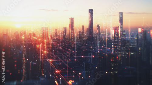 Wallpaper Mural Smart Innovation city with connection cyber security network reciprocity over the sunset cityscape future wireless digital city and social media networking systems that connects people  in the city Torontodigital.ca