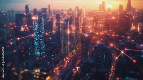 Wallpaper Mural Smart Innovation city with connection cyber security network reciprocity over the sunset cityscape future wireless digital city and social media networking systems that connects people  in the city Torontodigital.ca