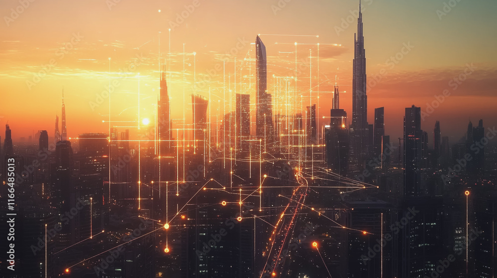 Fototapeta premium Smart Innovation city with connection cyber security network reciprocity over the sunset cityscape future wireless digital city and social media networking systems that connects people in the city