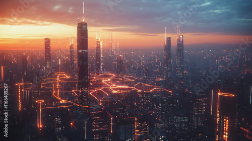 Wallpaper Mural Smart Innovation city with connection cyber security network reciprocity over the sunset cityscape future wireless digital city and social media networking systems that connects people  in the city Torontodigital.ca