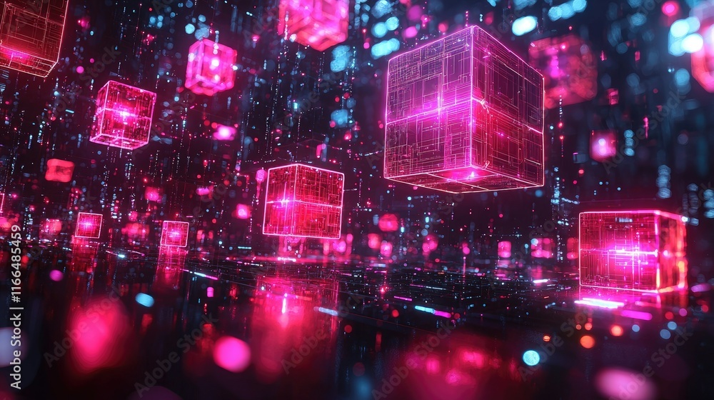 A digital landscape featuring glowing cubes and data streams, symbolizing technology and innovation. A digital landscape featuring glowing cubes and data streams, symbolizing technology and innovation.