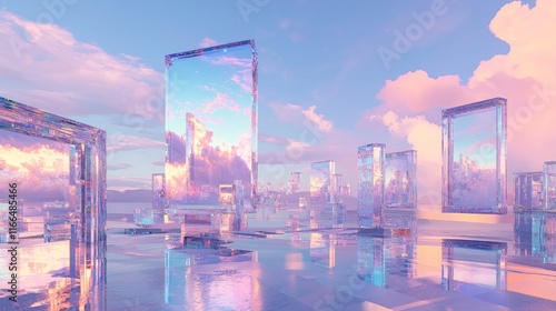 Neon Dreamscape - Dystopian-Futuristic Surrealism Artwork with Floating Geometric Shapes and Cityscape Backdrop
