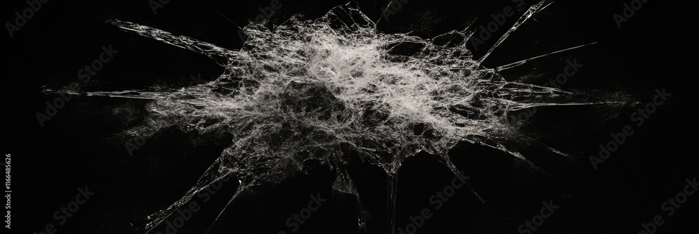 Abstract image with a chaotic, web-like structure against a dark background.