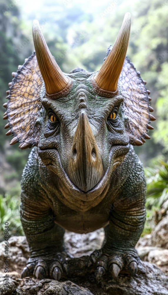 Fototapeta premium A realistic depiction of a Triceratops in a lush, prehistoric environment.