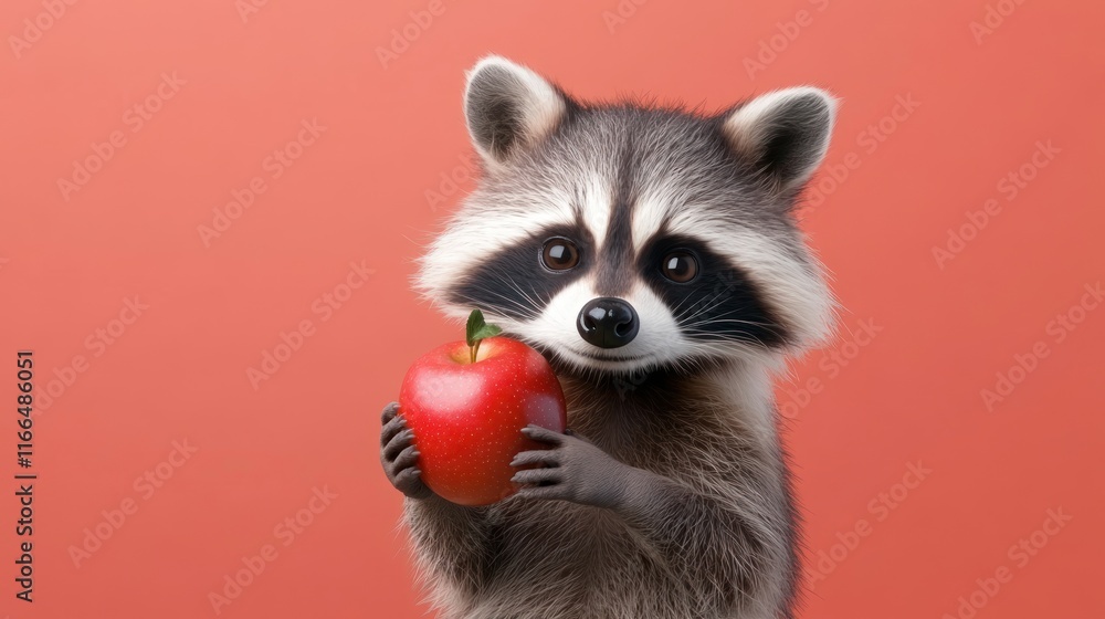 A cute raccoon holding a red apple against a pink background. A cute raccoon holding a red apple against a pink background.