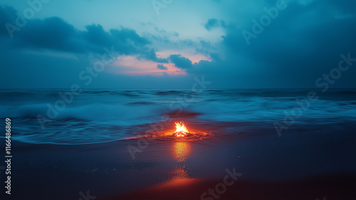 夜明け前の砂浜で揺れる焚き火と波 photo