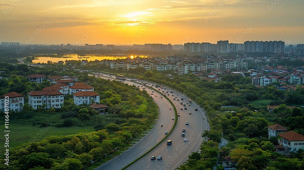 Fototapeta premium Sunset over suburban highway with city skyline view