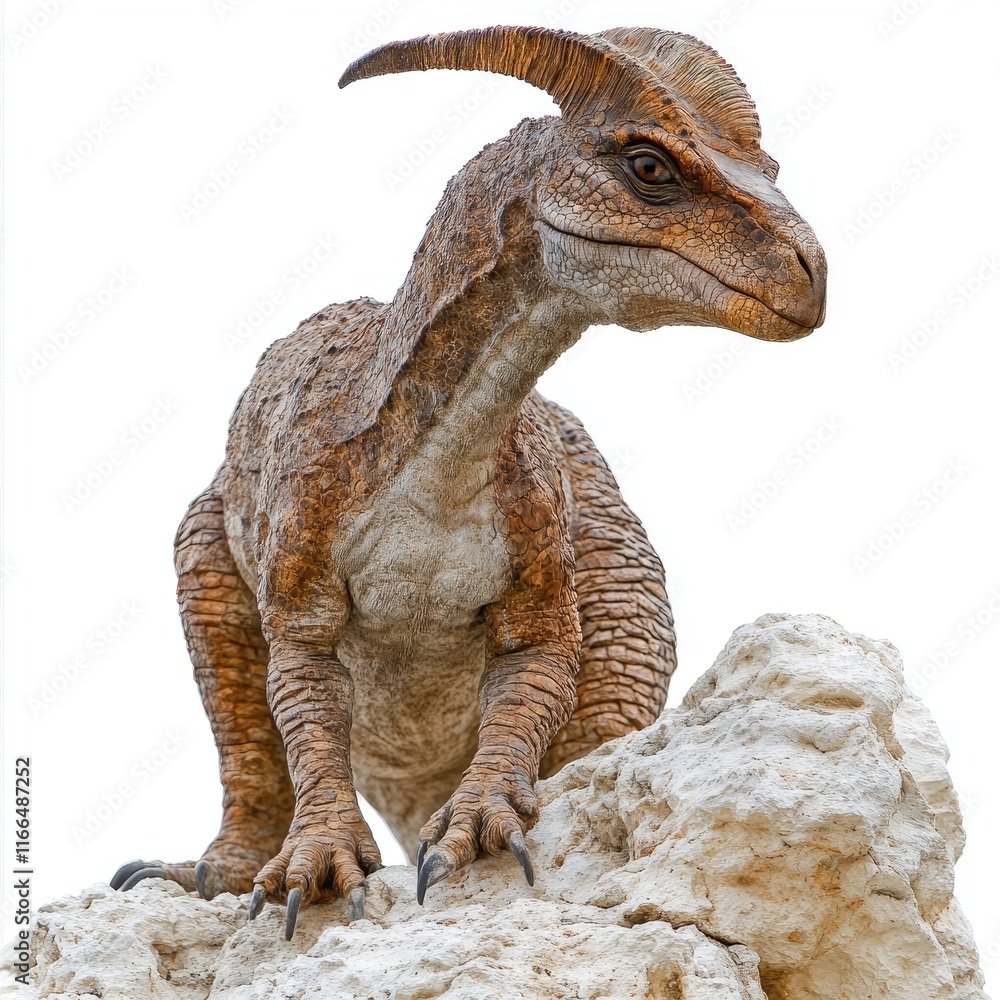 Fototapeta premium A detailed depiction of a dinosaur-like creature perched on a rocky surface.