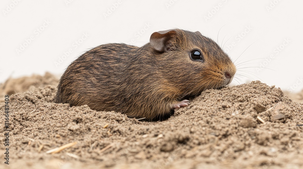 A small brown rodent resting on soil, showcasing its natural habitat. A small brown rodent resting on soil, showcasing its natural habitat.