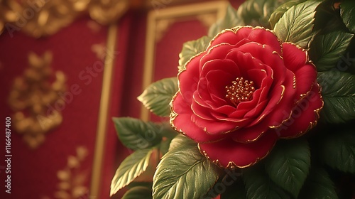 Red Rose with Gold Accents Against Rich Red Background