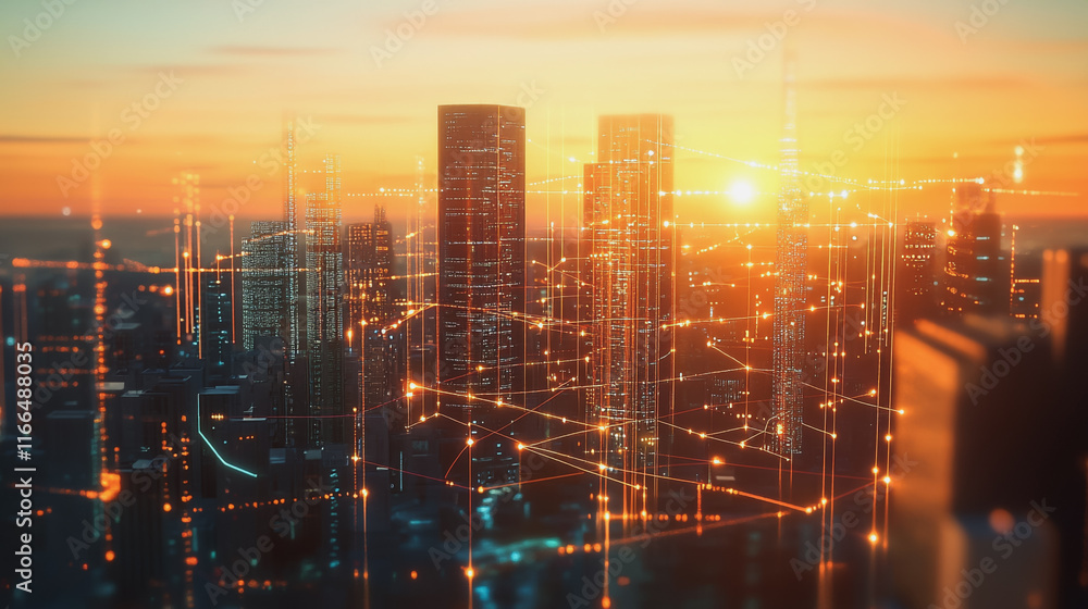 Fototapeta premium Smart Innovation city with connection cyber security network reciprocity over the sunset cityscape future wireless digital city and social media networking systems that connects people in the city