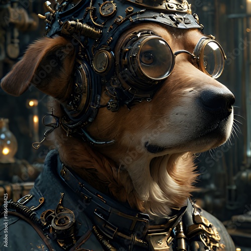 there is a dog wearing a steam - punk helmet and goggles. photo