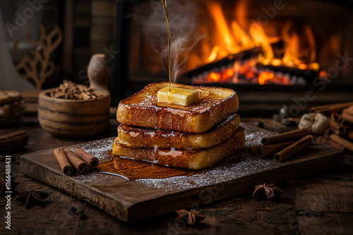 Refined French Toast Presentation with Mint Garnish on a Marble Table, Urban Ambiance photo