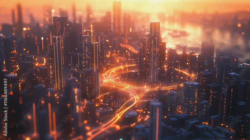 Fototapeta premium Smart Innovation city with connection cyber security network reciprocity over the sunset cityscape future wireless digital city and social media networking systems that connects people in the city