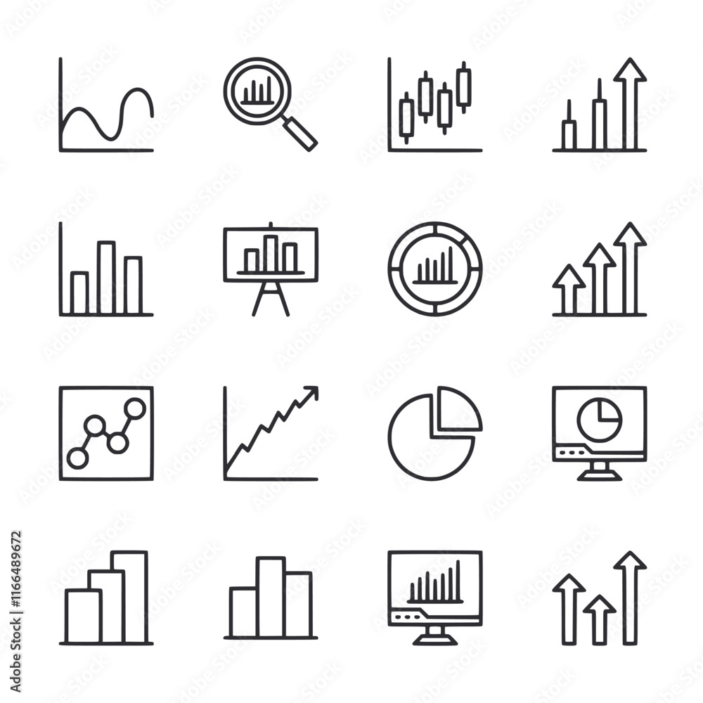 A set of line art icons for graphs and charts