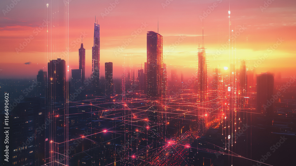Smart Innovation city with connection cyber security network reciprocity over the sunset cityscape future wireless digital city and social media networking systems that connects people in the city Smart Innovation city with connection cyber security network reciprocity over the sunset cityscape future wireless digital city and social media networking systems that connects people in the city