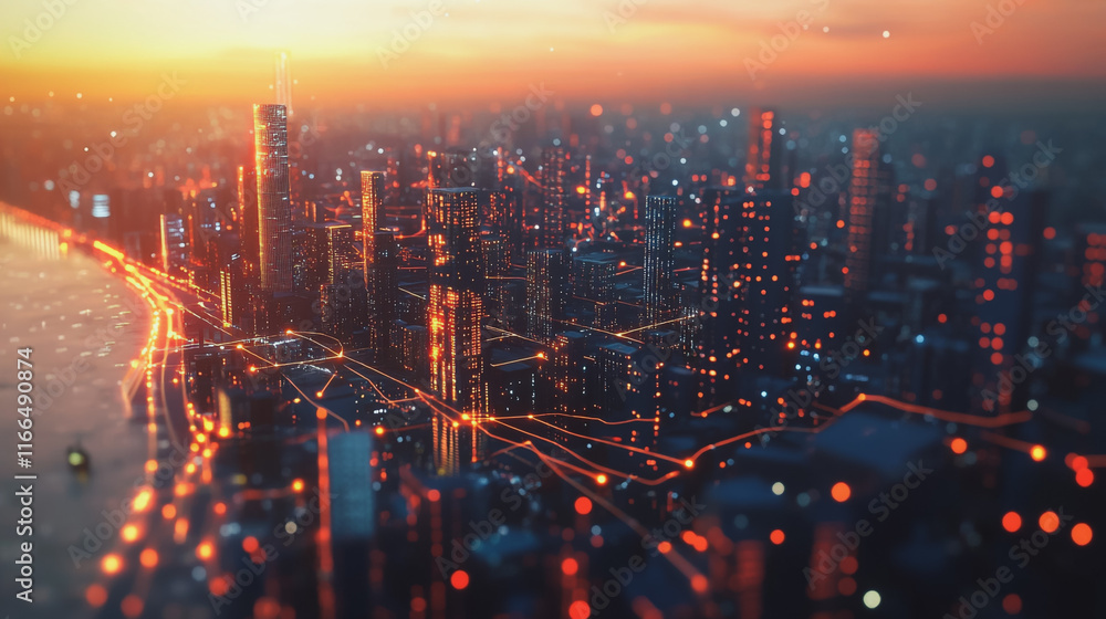 Fototapeta premium Smart Innovation city with connection cyber security network reciprocity over the sunset cityscape future wireless digital city and social media networking systems that connects people in the city