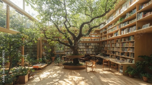 Sunlit library with tree growing indoors; bookshelves surround a large tree, creating a tranquil workspace. Ideal for articles about nature, libraries, architecture, or peaceful work environments.