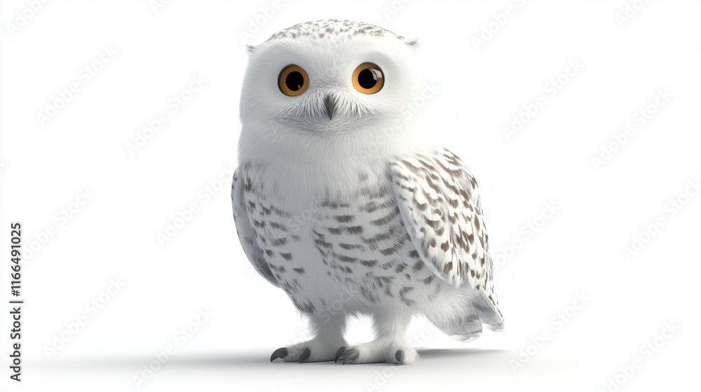 Fototapeta premium cute animation of snowy owl full body stock image, isolated on a white background