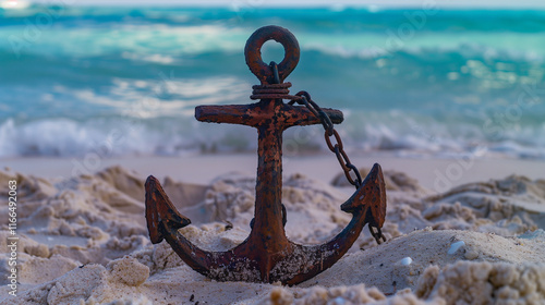 Close-up of a rusted anchor with visible cracks and wear resting on a sandy beach, symbolizing damage and neglect. Maritime and nautical themes, aging and decay concepts. photo