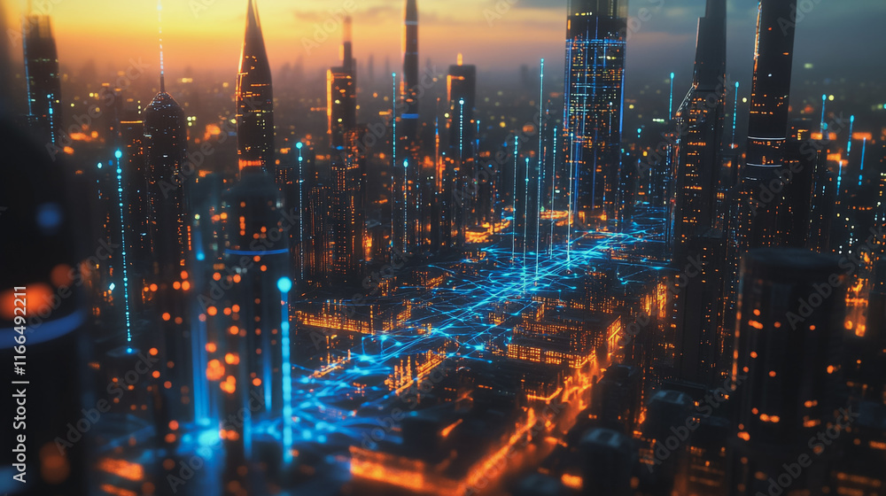 Fototapeta premium Smart Innovation city with connection cyber security network reciprocity over the sunset cityscape future wireless digital city and social media networking systems that connects people in the city