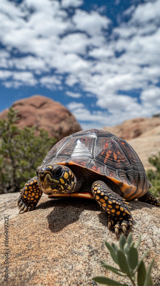 Obraz premium A close-up of a turtle on a rock against a backdrop of clouds and rocky terrain.
