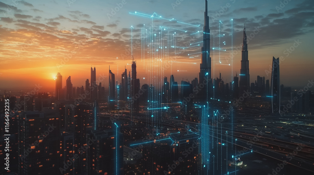Fototapeta premium Smart Innovation city with connection cyber security network reciprocity over the sunset cityscape future wireless digital city and social media networking systems that connects people in the city