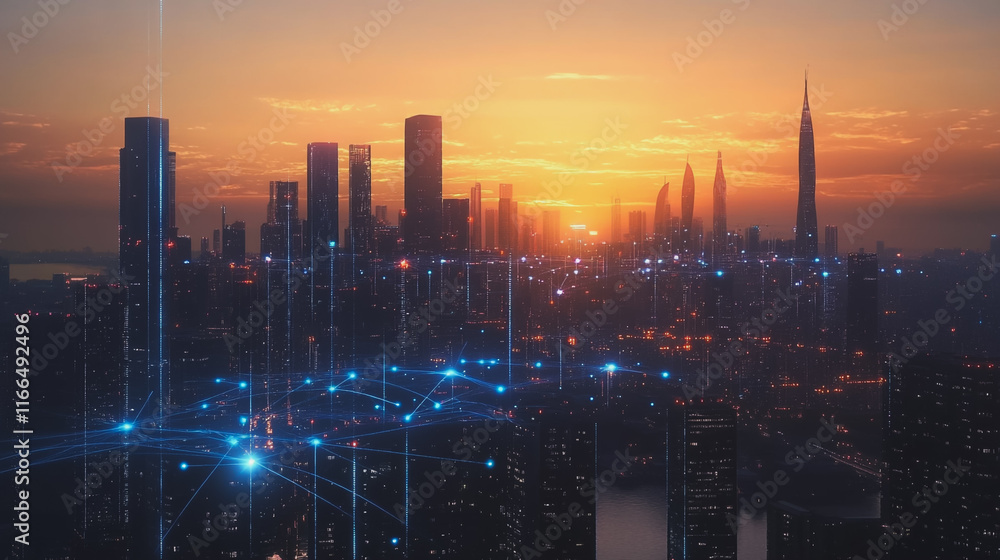 Obraz premium Smart Innovation city with connection cyber security network reciprocity over the sunset cityscape future wireless digital city and social media networking systems that connects people in the city