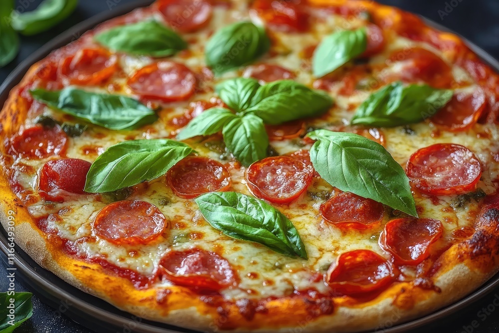 Delicious pepperoni pizza with basil. Perfect for menus, blogs, or food sites. Delicious pepperoni pizza with basil. Perfect for menus, blogs, or food sites.