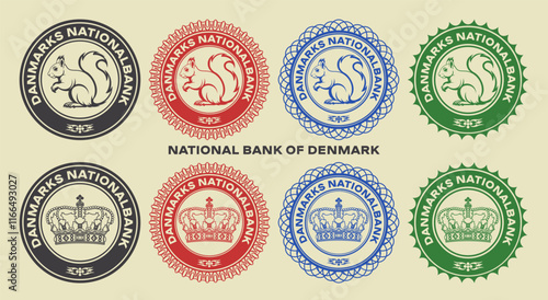 Vector graphic set of financial fictional color seals. Round icons with graphic squirrel and royal crown. Danish inscription means National Bank of Denmark.