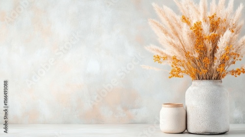 Rustic Autumn Decor: Pampas Grass and Dried Flowers in Ceramic Vases photo