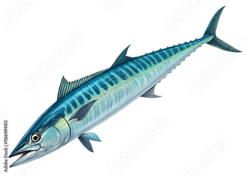 Illustration of A fast-moving wahoo with elongated body and blue-green iridescent scales, isolated on a transparent background photo