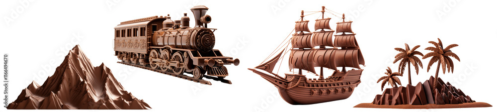 Obraz premium Travel shaped chocolate png cut out element set, transparent background