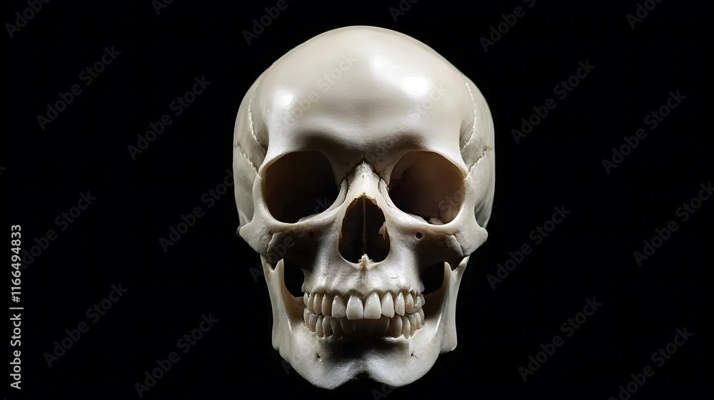 Frontview of natural human skull on isolated black background Frontview of natural human skull on isolated black background