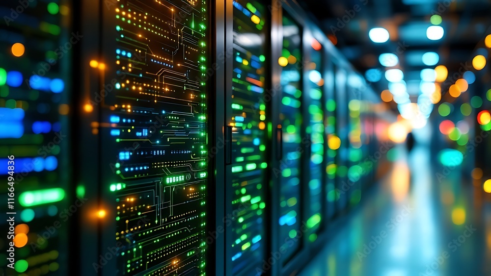 A high-tech data center is depicted in a stock photo with a server room featuring rows of servers and a digital green and blue color scheme, creating a futuristic and technologically advanced atmosphe A high-tech data center is depicted in a stock photo with a server room featuring rows of servers and a digital green and blue color scheme, creating a futuristic and technologically advanced atmosphe