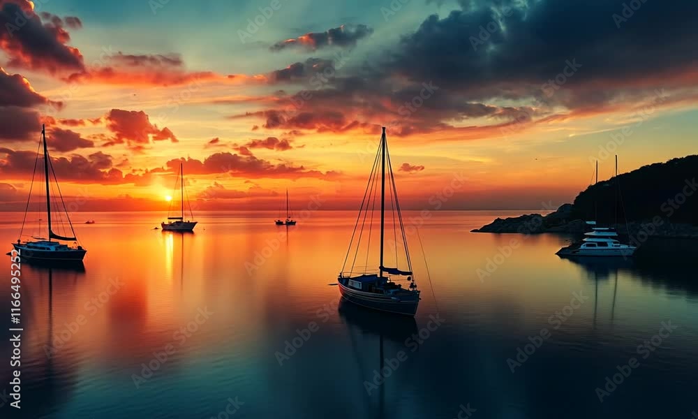 A serene sunset over calm waters with sailboats, creating a tranquil and picturesque scene. A serene sunset over calm waters with sailboats, creating a tranquil and picturesque scene.