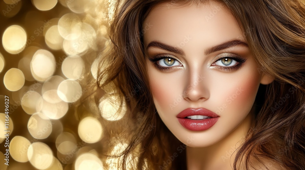 A close-up portrait of a model with glamorous makeup against a blurred golden background. A close-up portrait of a model with glamorous makeup against a blurred golden background.