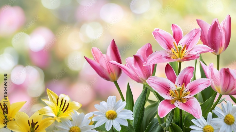 Fototapeta premium Pastel Spring Flowers Lilies Tulips Daisies in Bloom