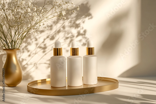 Three white luxury skincare bottles with golden caps, placed on a gold tray, with a gold vase in the background. The flowers' shadow is visible on the wall, with soft lighting and a white and gold photo