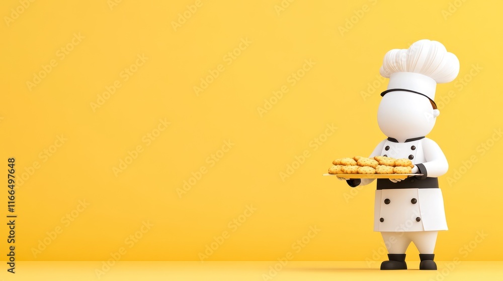 A cartoon chef presenting a tray of cookies against a yellow background. A cartoon chef presenting a tray of cookies against a yellow background.