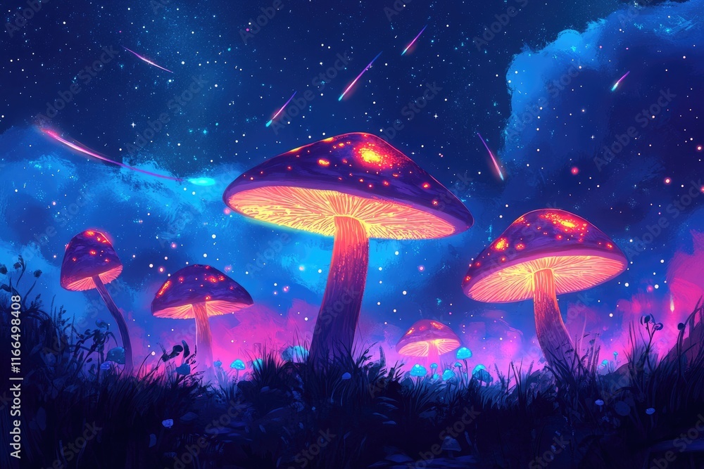 Luminous Mushrooms Under a Night Sky with Shooting Stars Luminous Mushrooms Under a Night Sky with Shooting Stars