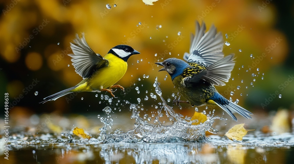 Dispute of eurasian siskin, spinus spinus, and great tit, parus major, in autumnal nature. Conflict of passerine birds with colorful feathers over water in lake Dispute of eurasian siskin, spinus spinus, and great tit, parus major, in autumnal nature. Conflict of passerine birds with colorful feathers over water in lake