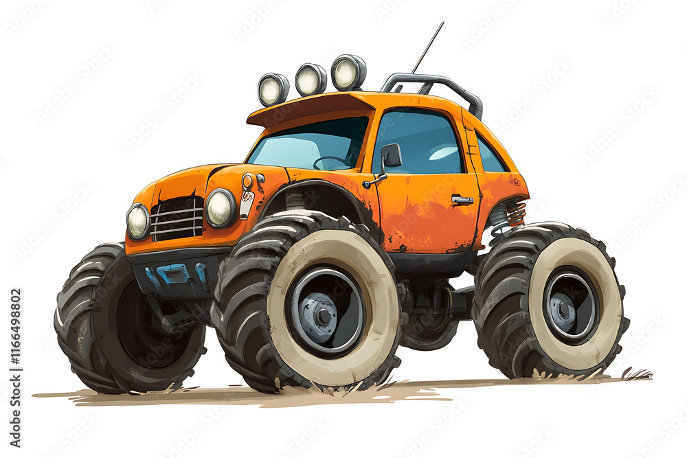 A cartoon-style orange monster truck with oversized tires, designed for off-road adventures. A cartoon-style orange monster truck with oversized tires, designed for off-road adventures.