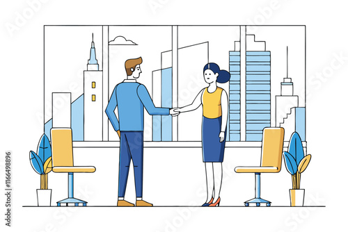 A man and a woman shaking hands in a sleek vector art illustration.eps photo