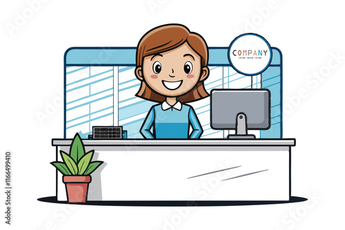 A cheerful receptionist sitting at a sleek, modern desk vector art illustration.eps