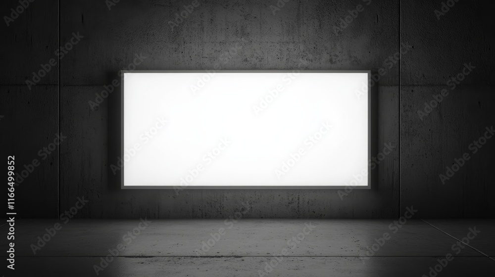 A blank illuminated screen in a minimalist concrete setting, ideal for presentations or displays.