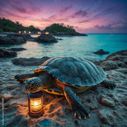 A mythical turtle with intricate patterns on its shell, resting on a vibrant island surrounded by turquoise waters, with magical floating lanterns illuminating the evening sky. photo